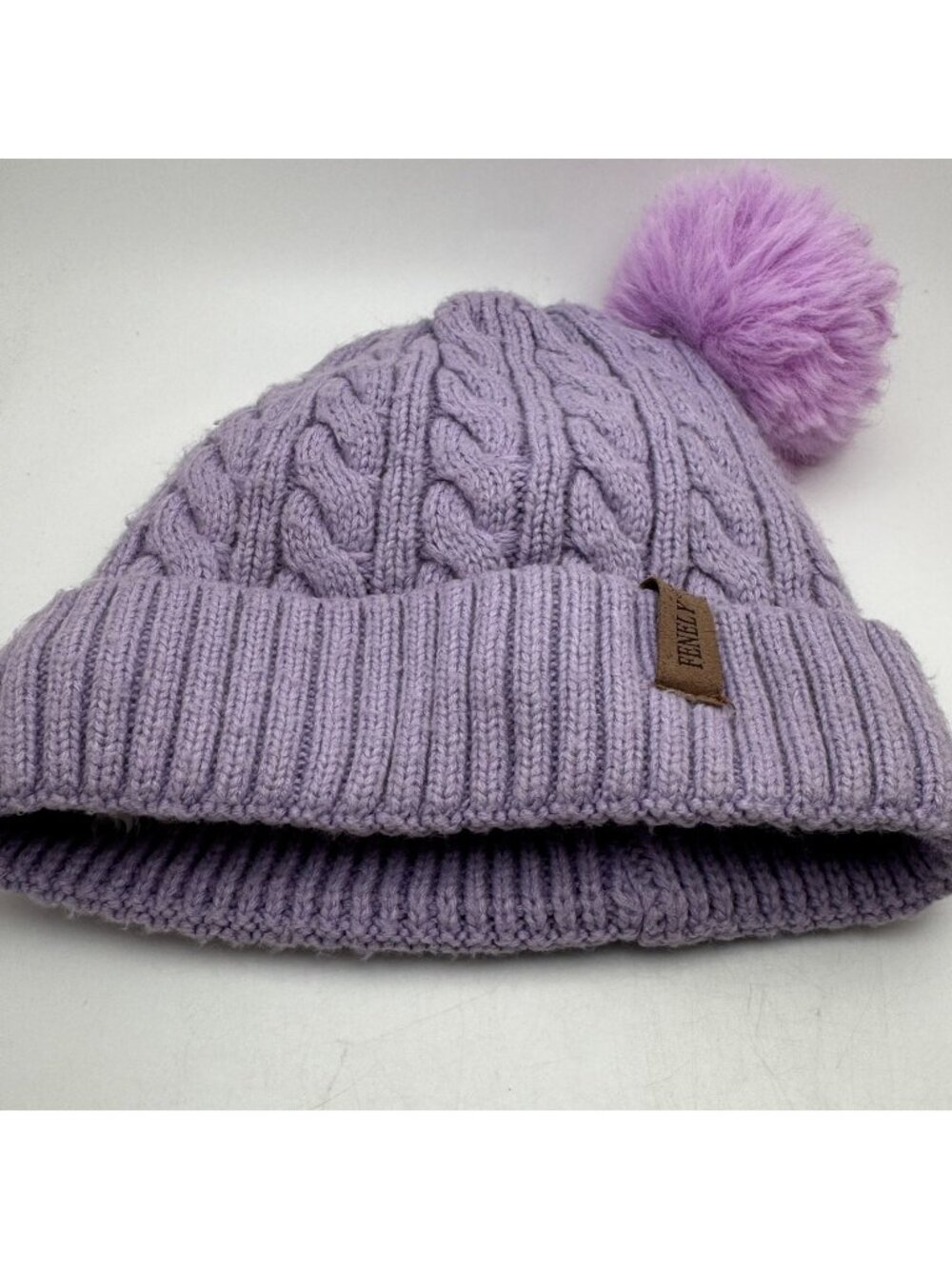 FENELY Cable Knit Beanie Hat Women's Lavender with Pom Pom & Fleece Lining